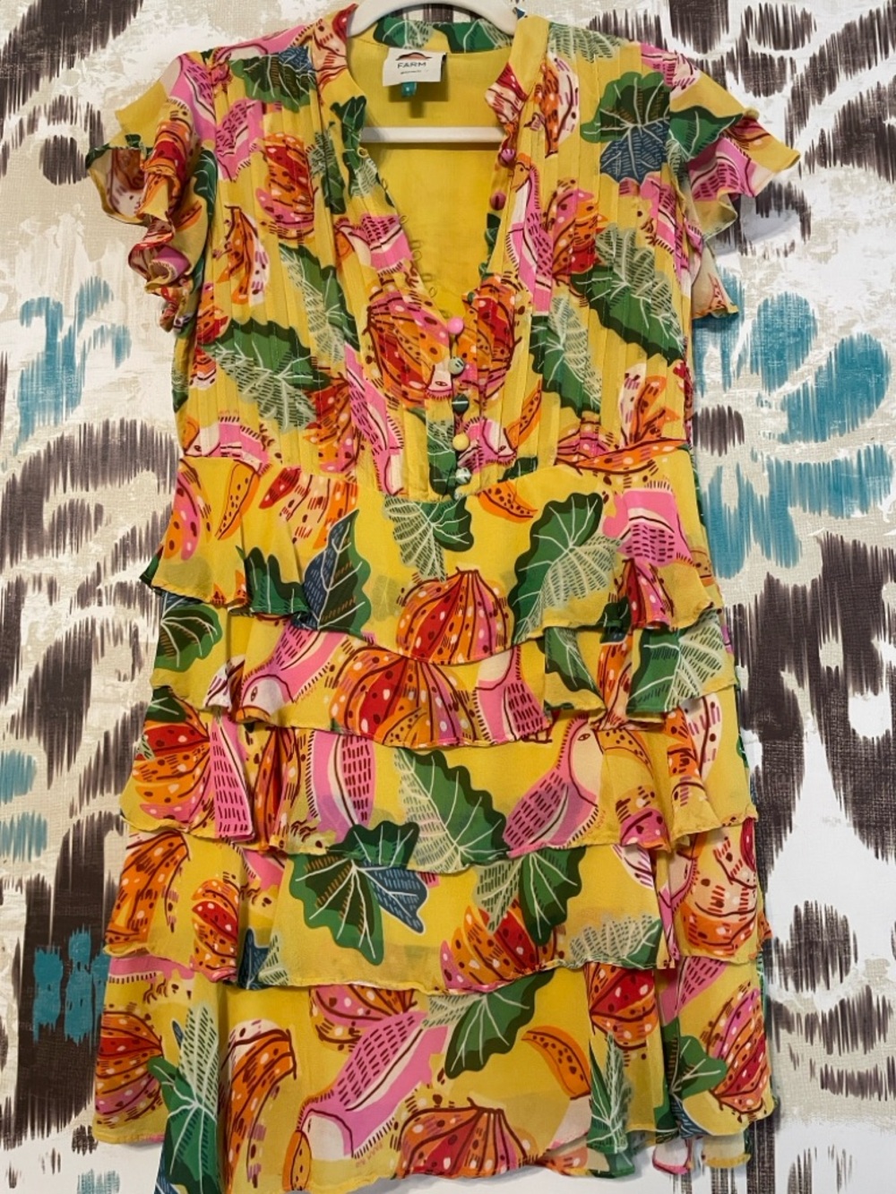 Farm Rio Yellow Beaks and Bananas Layered Mini Dress Size S